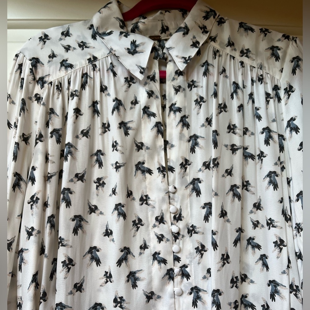 Smart, slightly sexy Free People blouse with covered buttons & long sleeves.